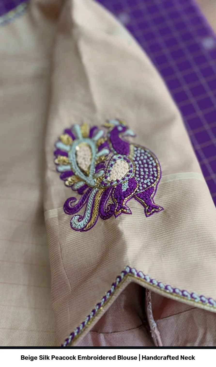 Beige Silk Peacock Embroidered Blouse | Handcrafted Neck 2