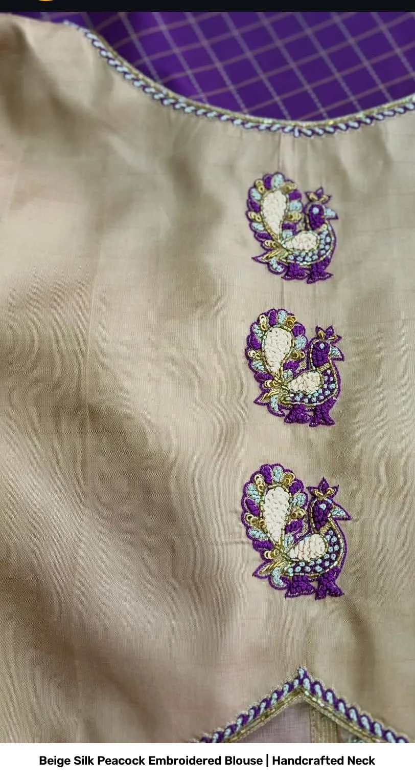 Beige Silk Peacock Embroidered Blouse | Handcrafted Neck 3