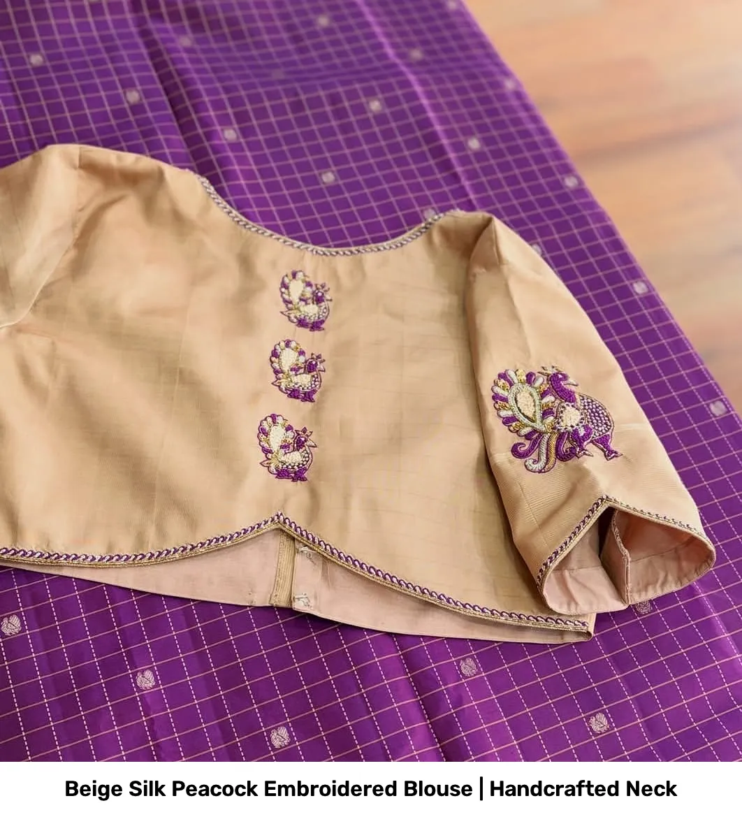 Beige Silk Peacock Embroidered Blouse | Handcrafted Neck 4