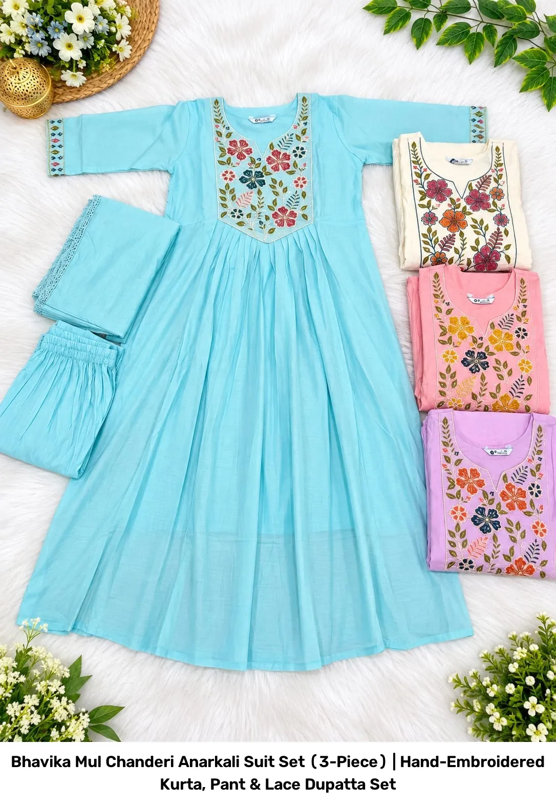 Bhavika Mul Chanderi Anarkali Suit Set (3-Piece) | Hand-Embroidered Kurta, Pant & Lace Dupatta Set 2