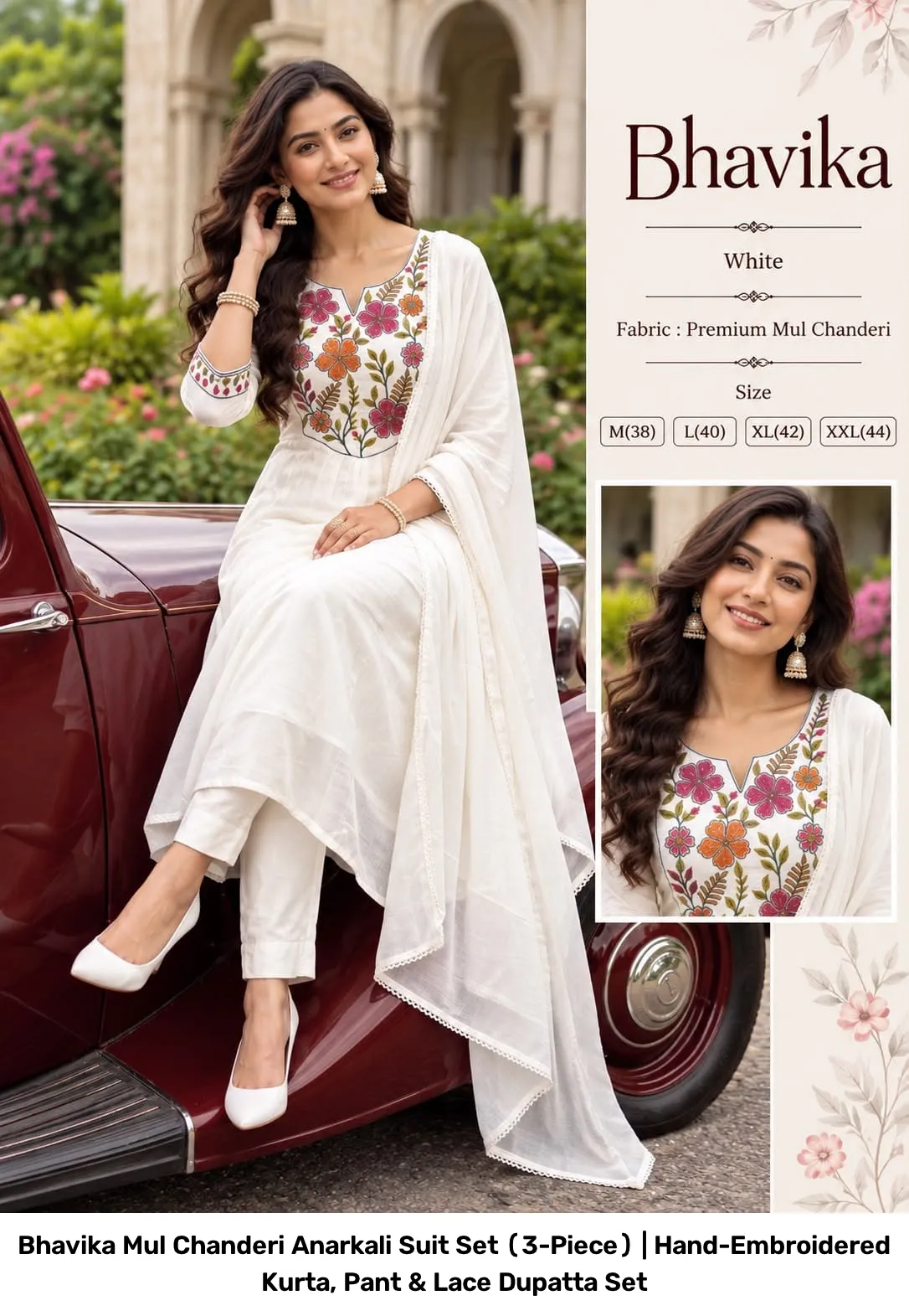 Bhavika Mul Chanderi Anarkali Suit Set (3-Piece) | Hand-Embroidered Kurta, Pant & Lace Dupatta Set 3