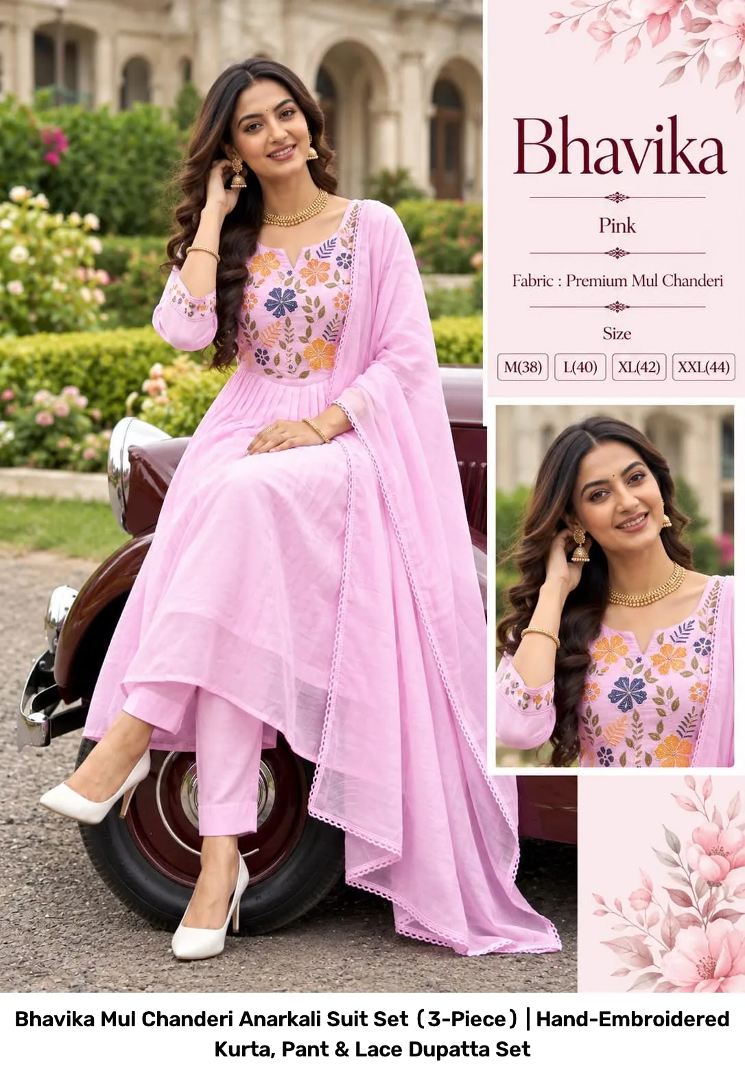 Bhavika Mul Chanderi Anarkali Suit Set (3-Piece) | Hand-Embroidered Kurta, Pant & Lace Dupatta Set 4