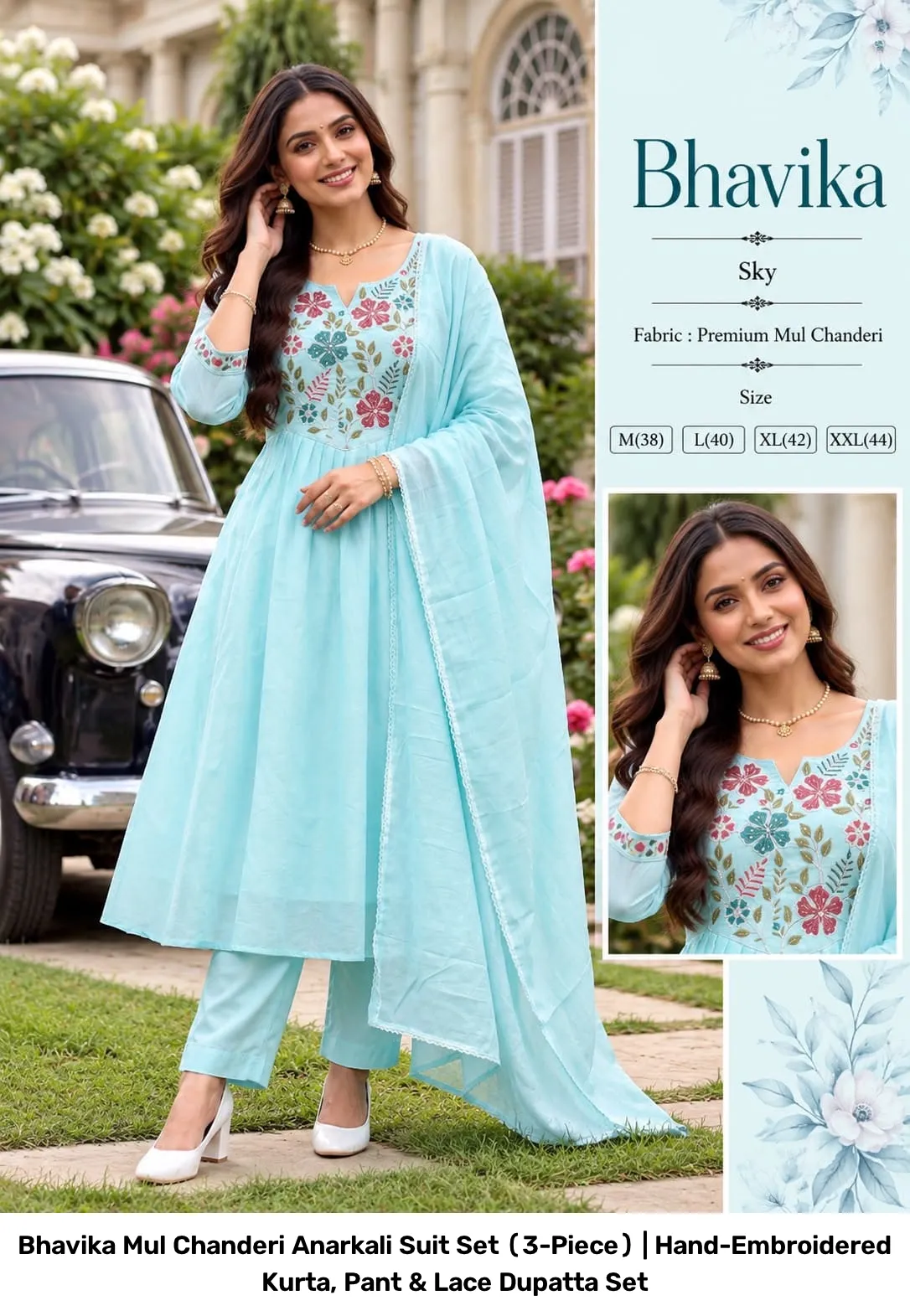 Bhavika Mul Chanderi Anarkali Suit Set (3-Piece) | Hand-Embroidered Kurta, Pant & Lace Dupatta Set 5