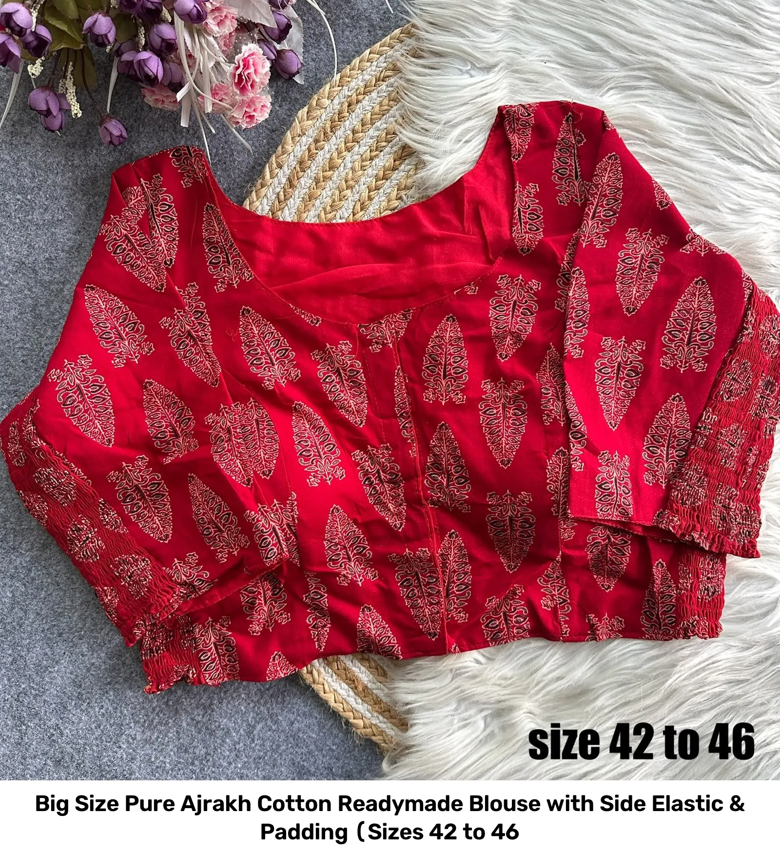 Big Size Pure Ajrakh Cotton Readymade Blouse with Side Elastic & Padding (Sizes 42 to 46 10