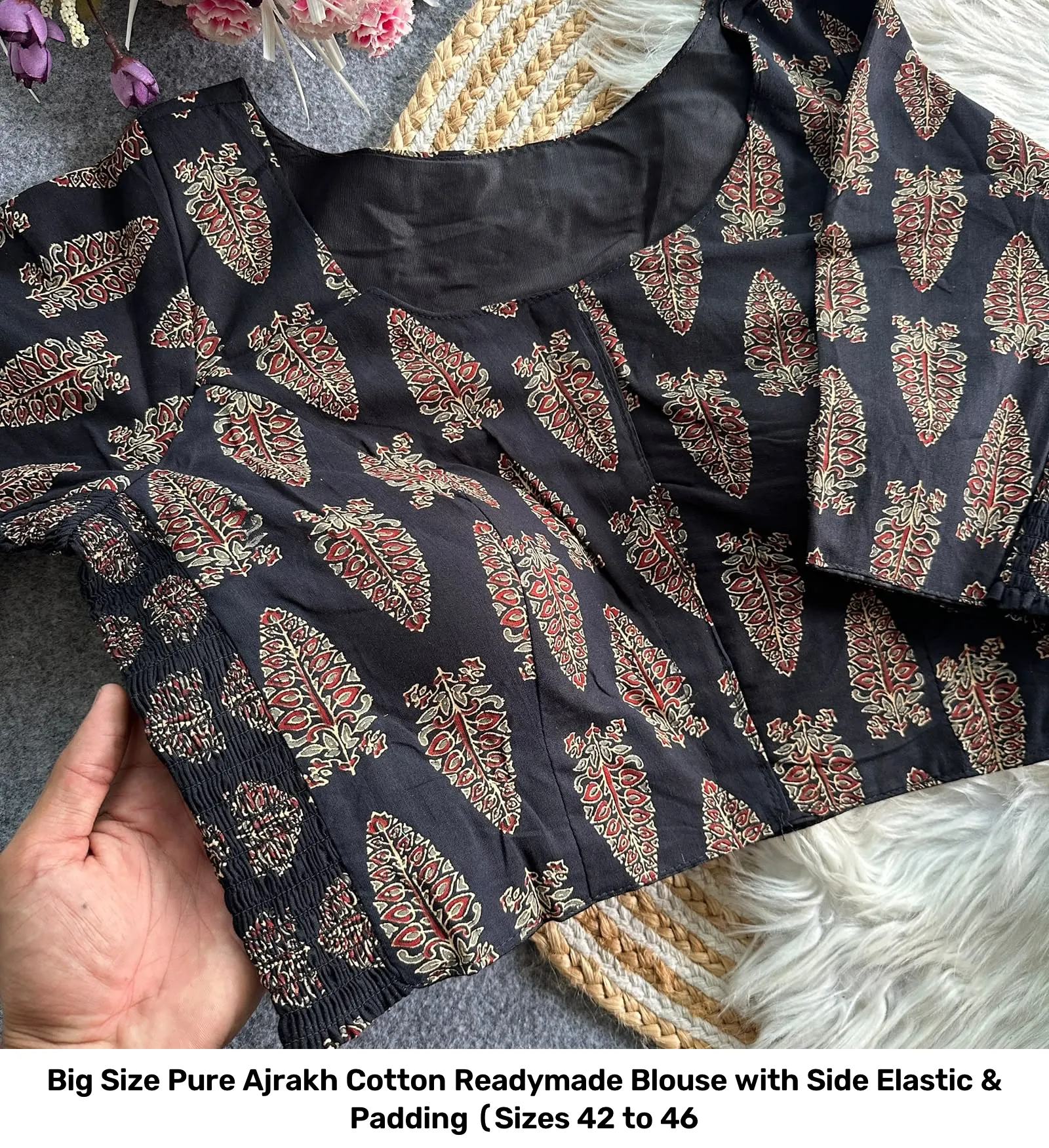 Big Size Pure Ajrakh Cotton Readymade Blouse with Side Elastic & Padding (Sizes 42 to 46 2
