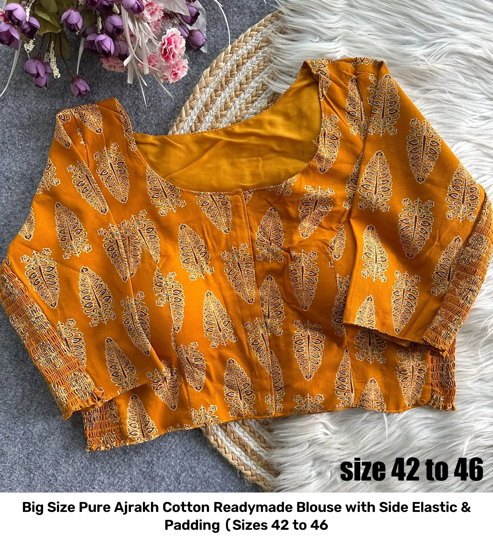 Big Size Pure Ajrakh Cotton Readymade Blouse with Side Elastic & Padding (Sizes 42 to 46 3