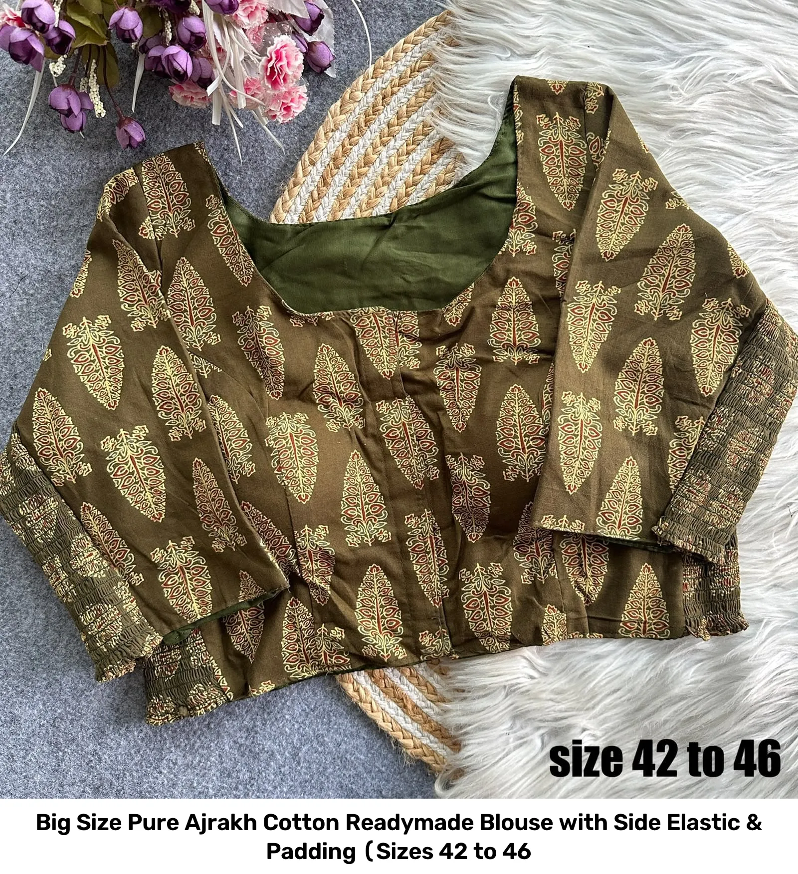 Big Size Pure Ajrakh Cotton Readymade Blouse with Side Elastic & Padding (Sizes 42 to 46 5