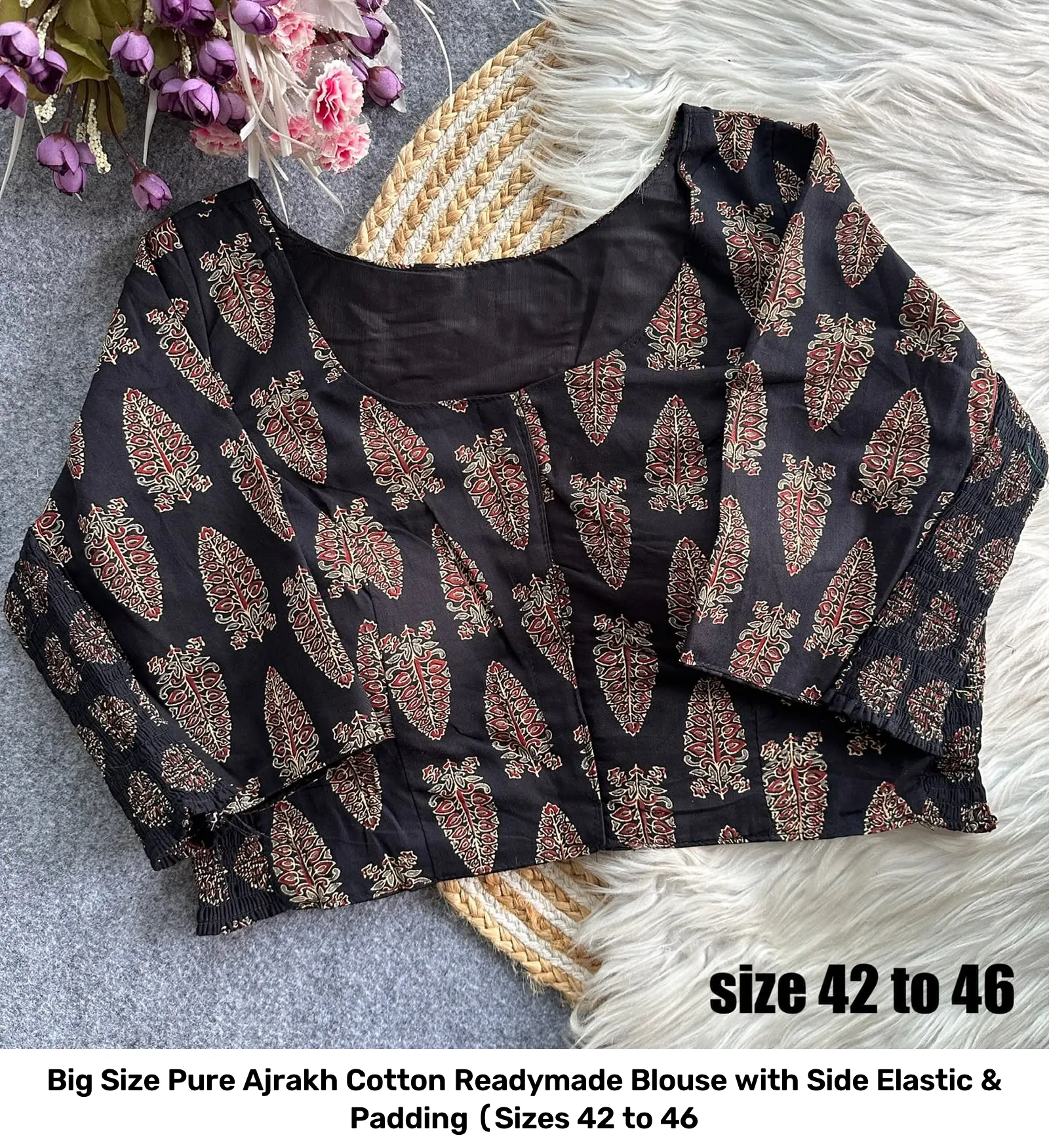 Big Size Pure Ajrakh Cotton Readymade Blouse with Side Elastic & Padding (Sizes 42 to 46 6