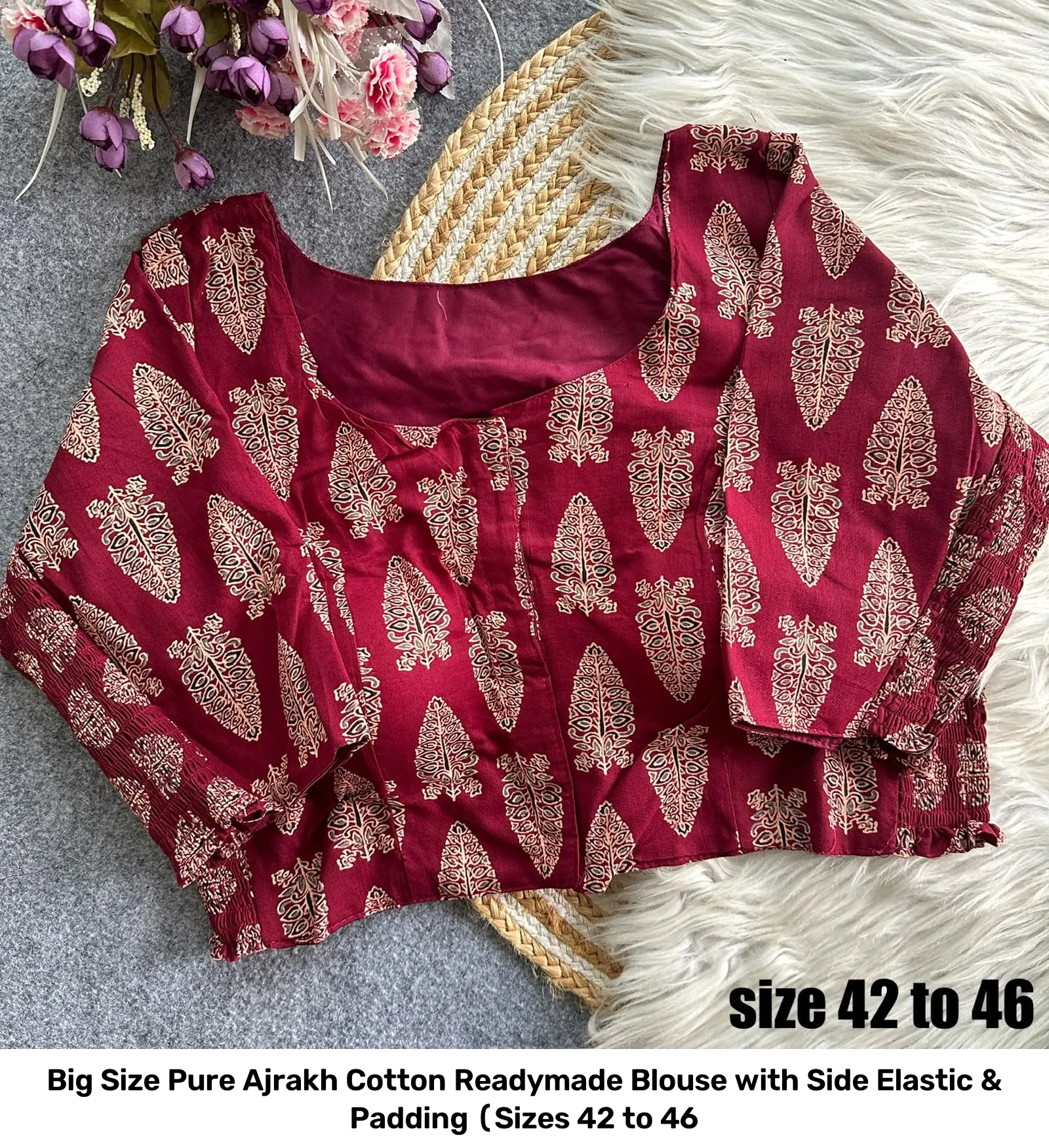 Big Size Pure Ajrakh Cotton Readymade Blouse with Side Elastic & Padding (Sizes 42 to 46 7
