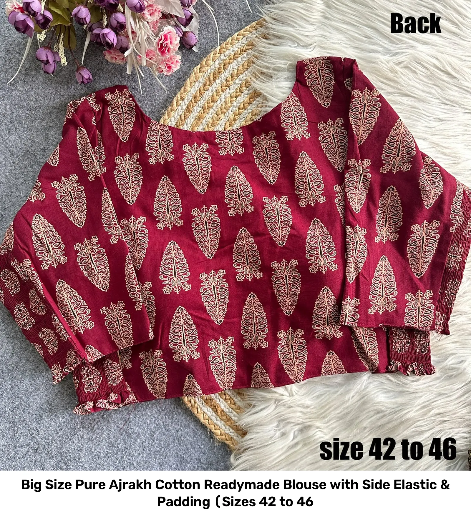 Big Size Pure Ajrakh Cotton Readymade Blouse with Side Elastic & Padding (Sizes 42 to 46 8