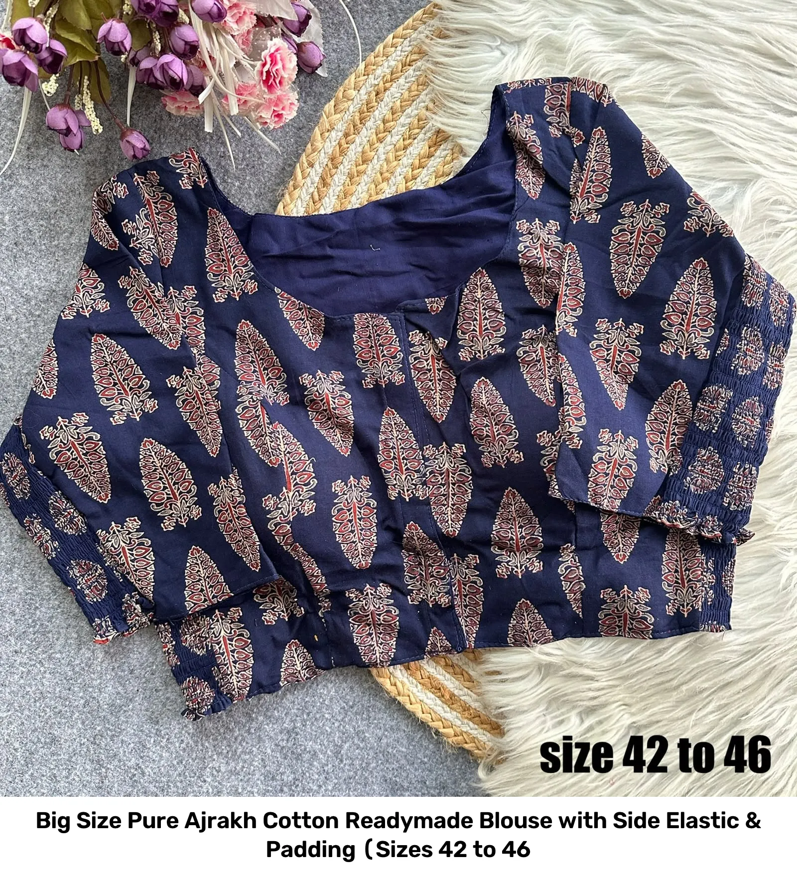Big Size Pure Ajrakh Cotton Readymade Blouse with Side Elastic & Padding (Sizes 42 to 46 9