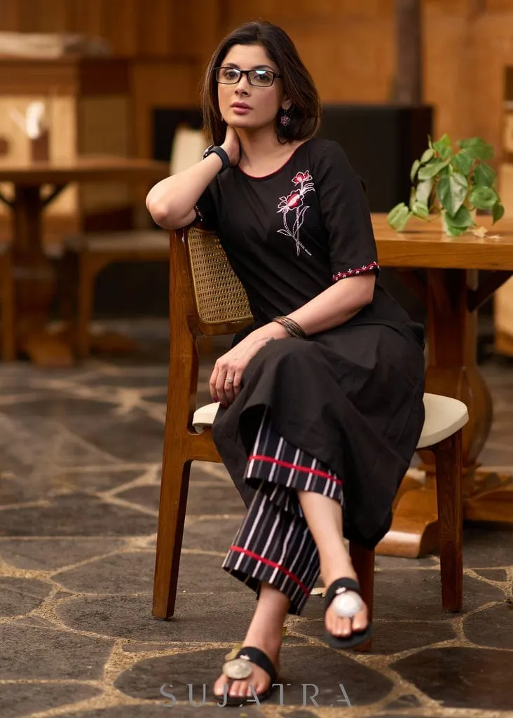 Black Cotton Slub Embroidered Kurti with Striped Pant Set – Women's 2-Piece Kurta Trouser Suit