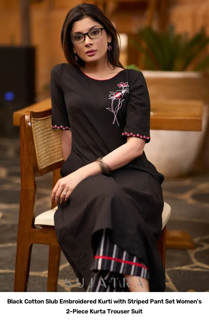 Black Cotton Slub Embroidered Kurti with Striped Pant Set – Women's 2-Piece Kurta Trouser Suit 2