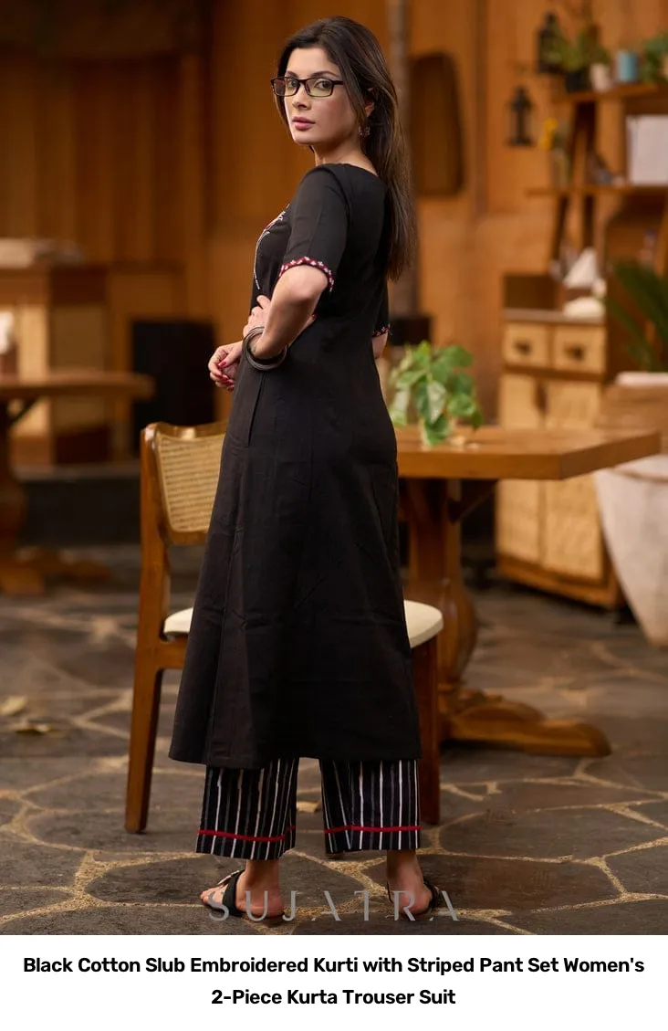 Black Cotton Slub Embroidered Kurti with Striped Pant Set – Women's 2-Piece Kurta Trouser Suit 3