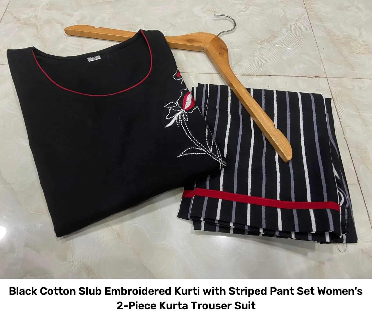 Black Cotton Slub Embroidered Kurti with Striped Pant Set – Women's 2-Piece Kurta Trouser Suit 4