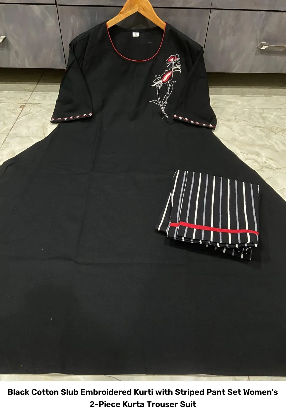 Black Cotton Slub Embroidered Kurti with Striped Pant Set – Women's 2-Piece Kurta Trouser Suit 5