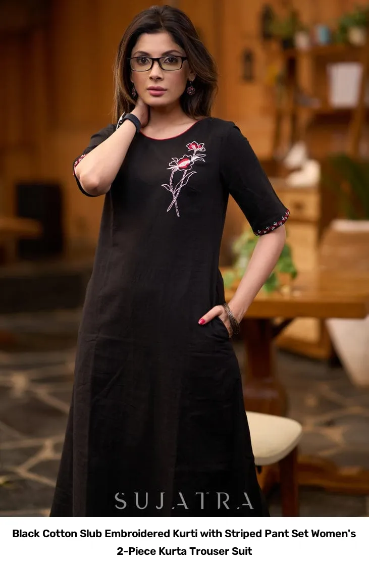 Black Cotton Slub Embroidered Kurti with Striped Pant Set – Women's 2-Piece Kurta Trouser Suit 6