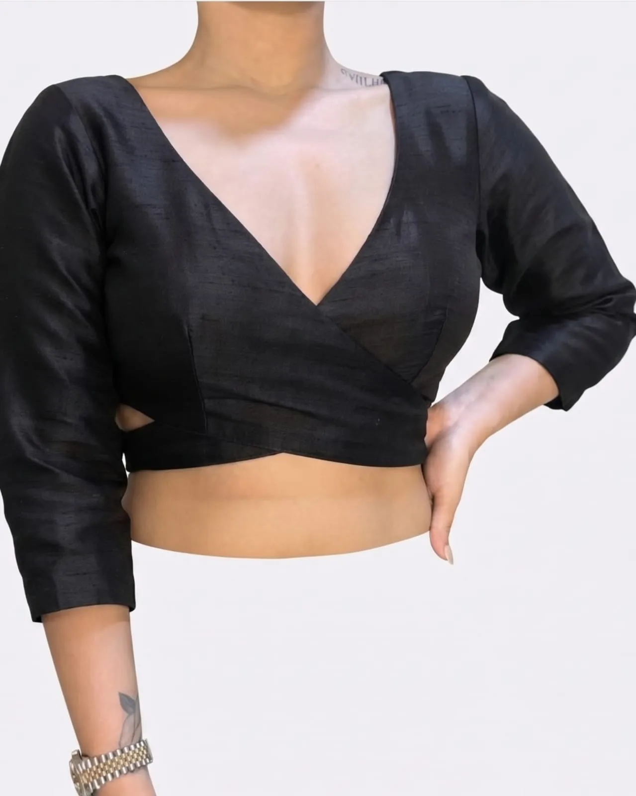 Black Crossover Raw Silk Blouse