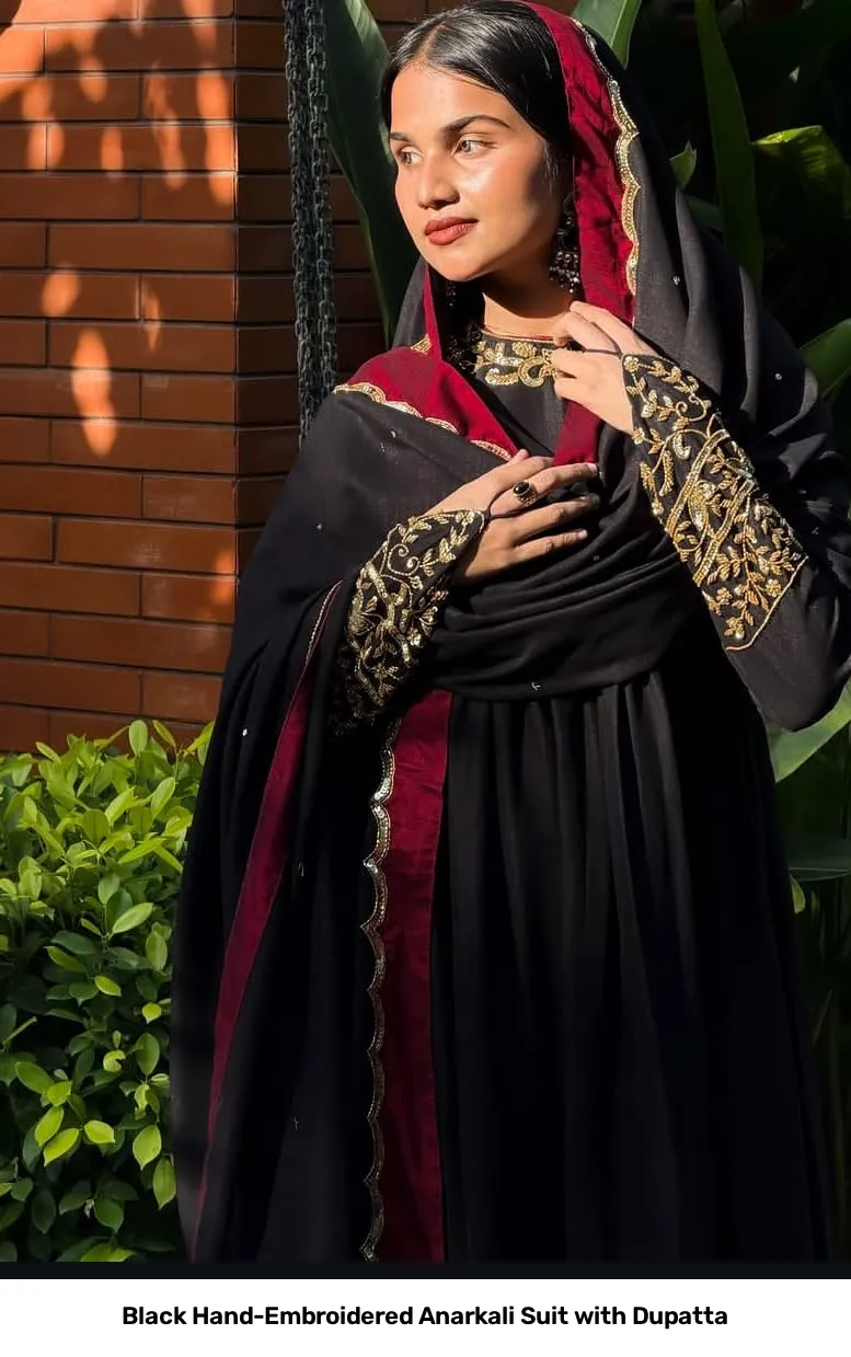Black Hand-Embroidered Anarkali Suit with Dupatta 3