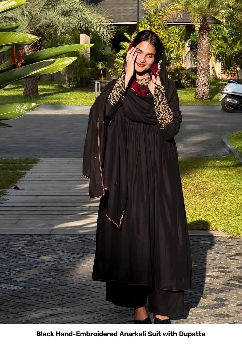 Black Hand-Embroidered Anarkali Suit with Dupatta 5