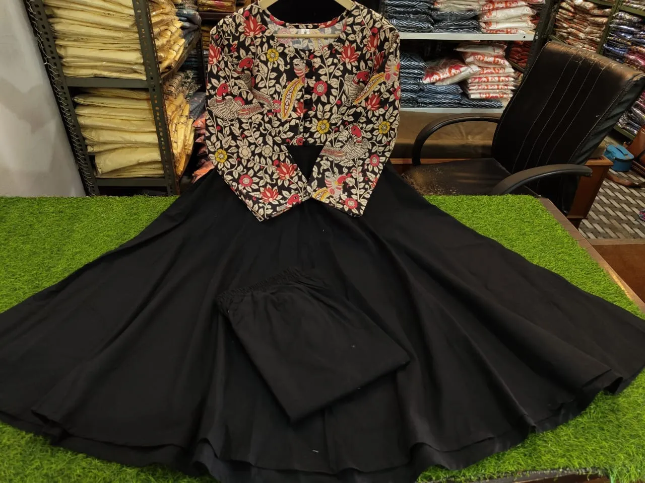 Black Kalamkari Yoke Cotton Flared Kurti & Palazzo Set