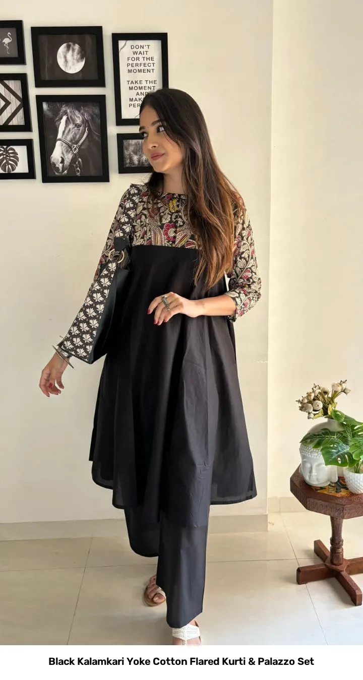 Black Kalamkari Yoke Cotton Flared Kurti & Palazzo Set 3