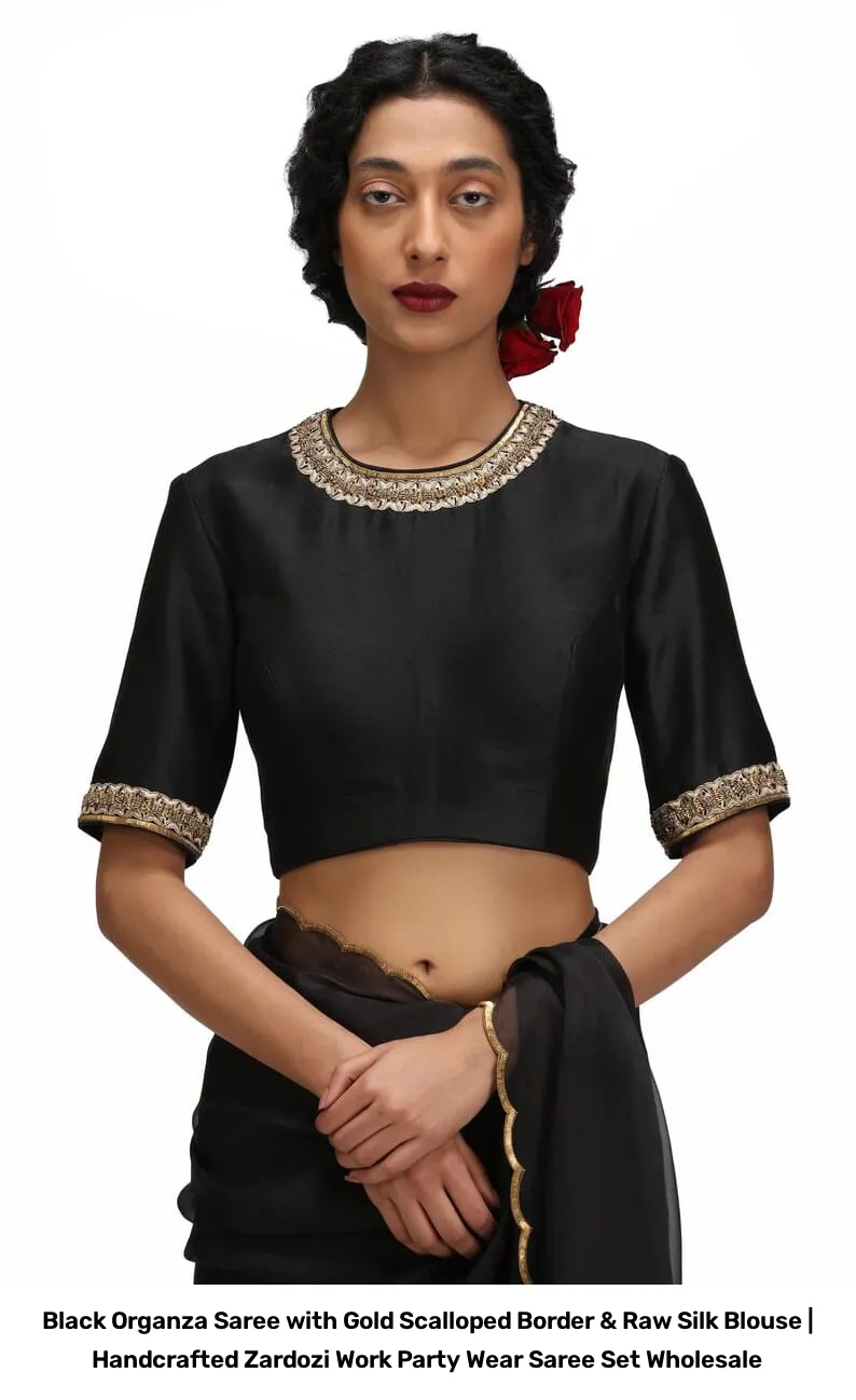 Black Organza Saree with Gold Scalloped Border & Raw Silk Blouse | Handcrafted Zardozi Work Party Wear Saree Set Wholesale 2