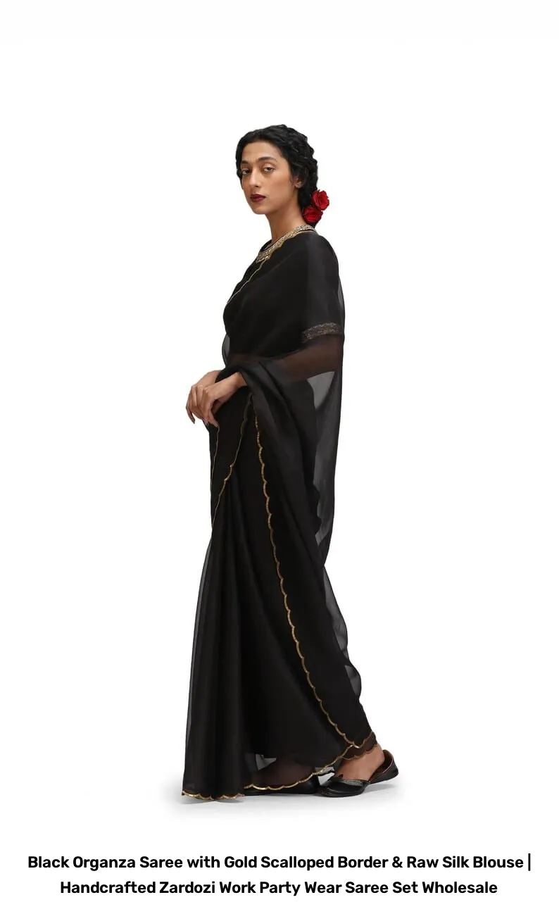 Black Organza Saree with Gold Scalloped Border & Raw Silk Blouse | Handcrafted Zardozi Work Party Wear Saree Set Wholesale 9