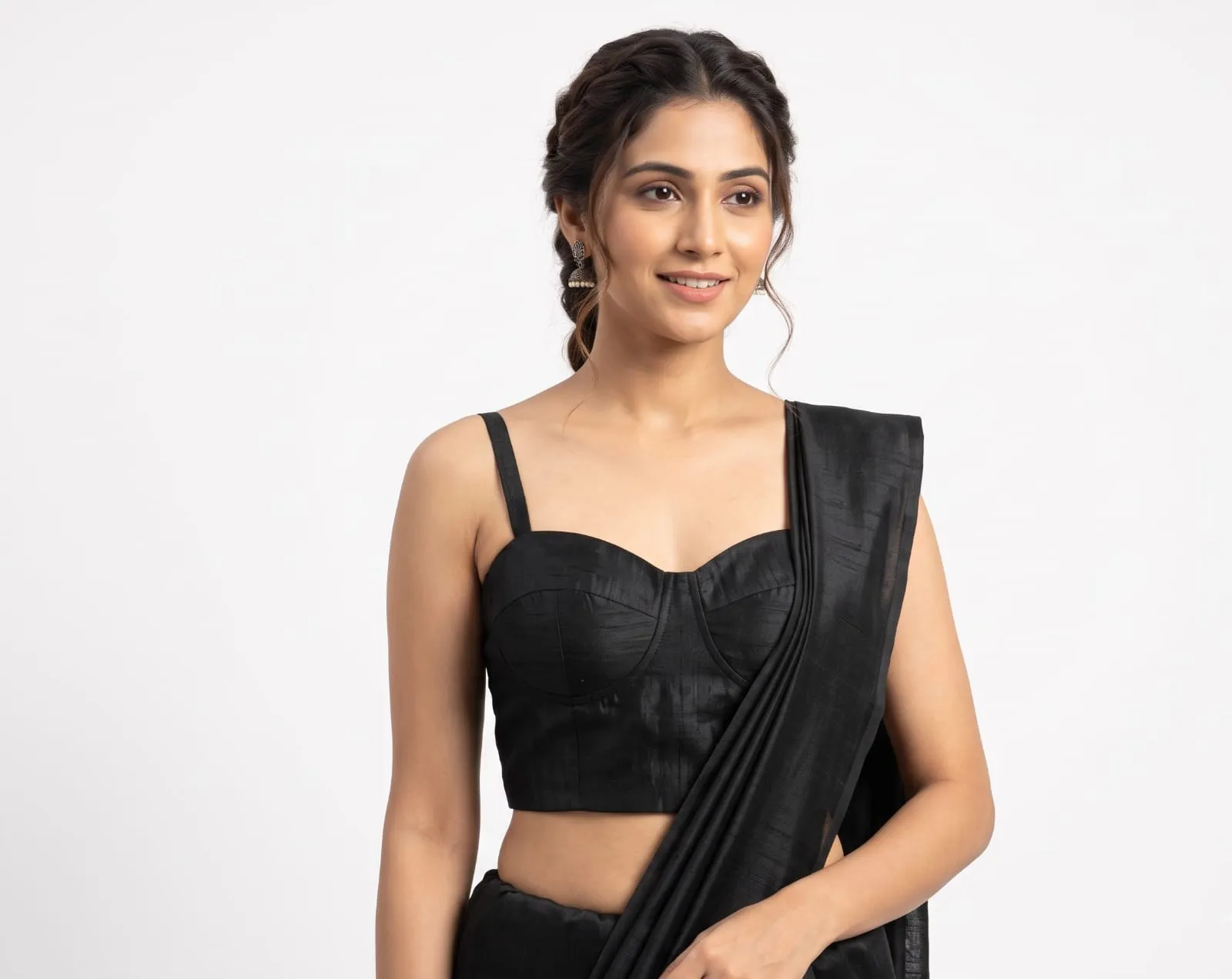 Black Raw Silk Bustier Blouse Padded Sweetheart Saree Crop Top