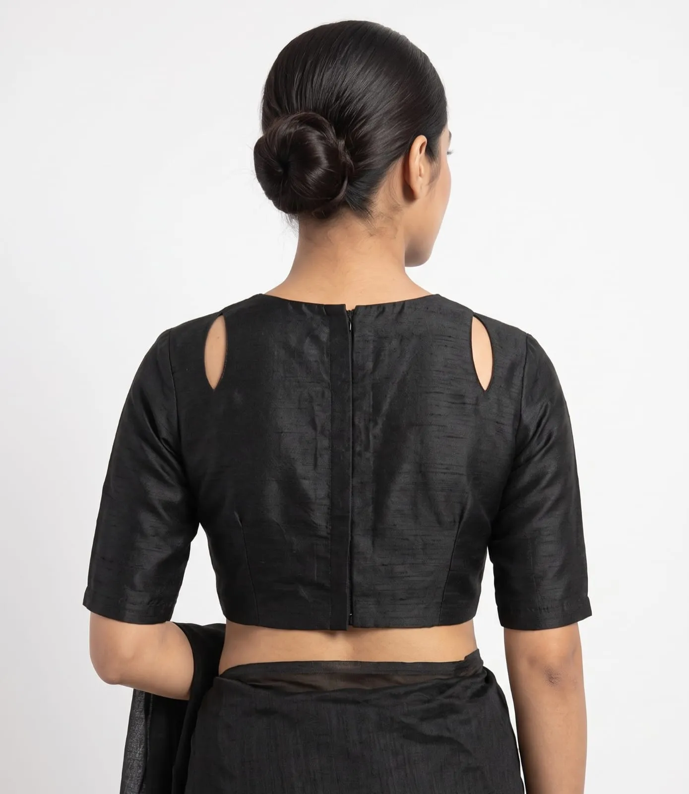 Black Raw Silk Cutout Neck Blouse Readymade Padded