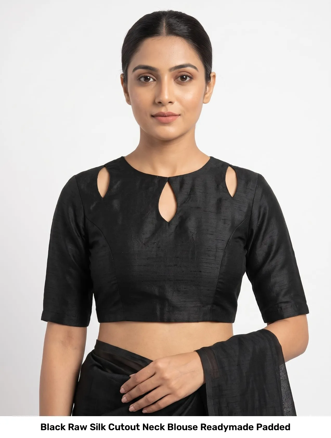 Black Raw Silk Cutout Neck Blouse Readymade Padded 2