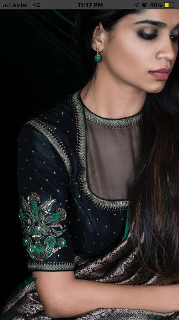 Black Raw Silk Illusion Neck Saree Blouse | Sheer Yoke with Emerald Green Zari Embroidered Floral Sleeves Padded Blouse
