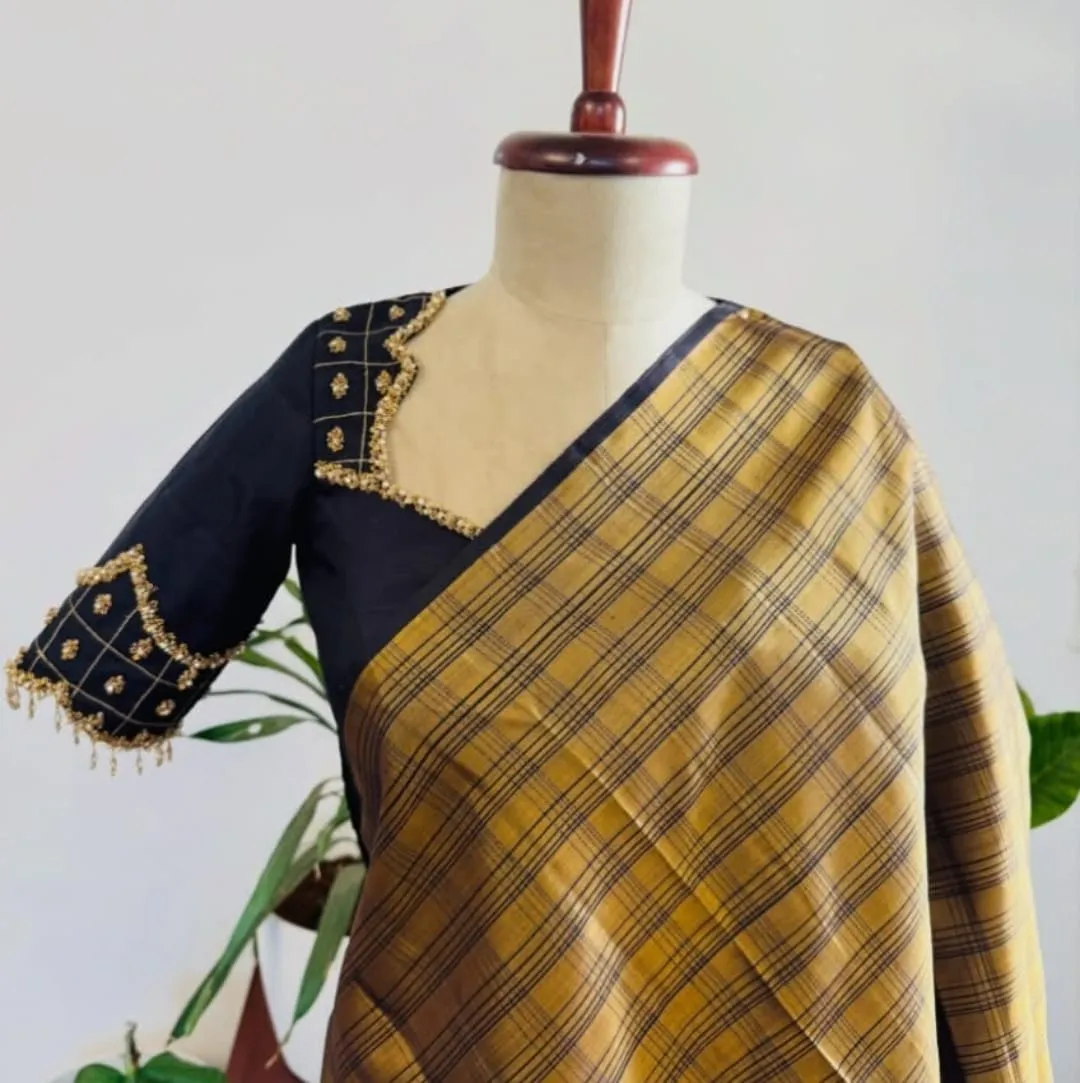 Black Raw Silk Maggam Work Blouse – Asymmetrical Scallop Neck with Jaal Grid Embroidery & Hanging Crystal Tassel Sleeves