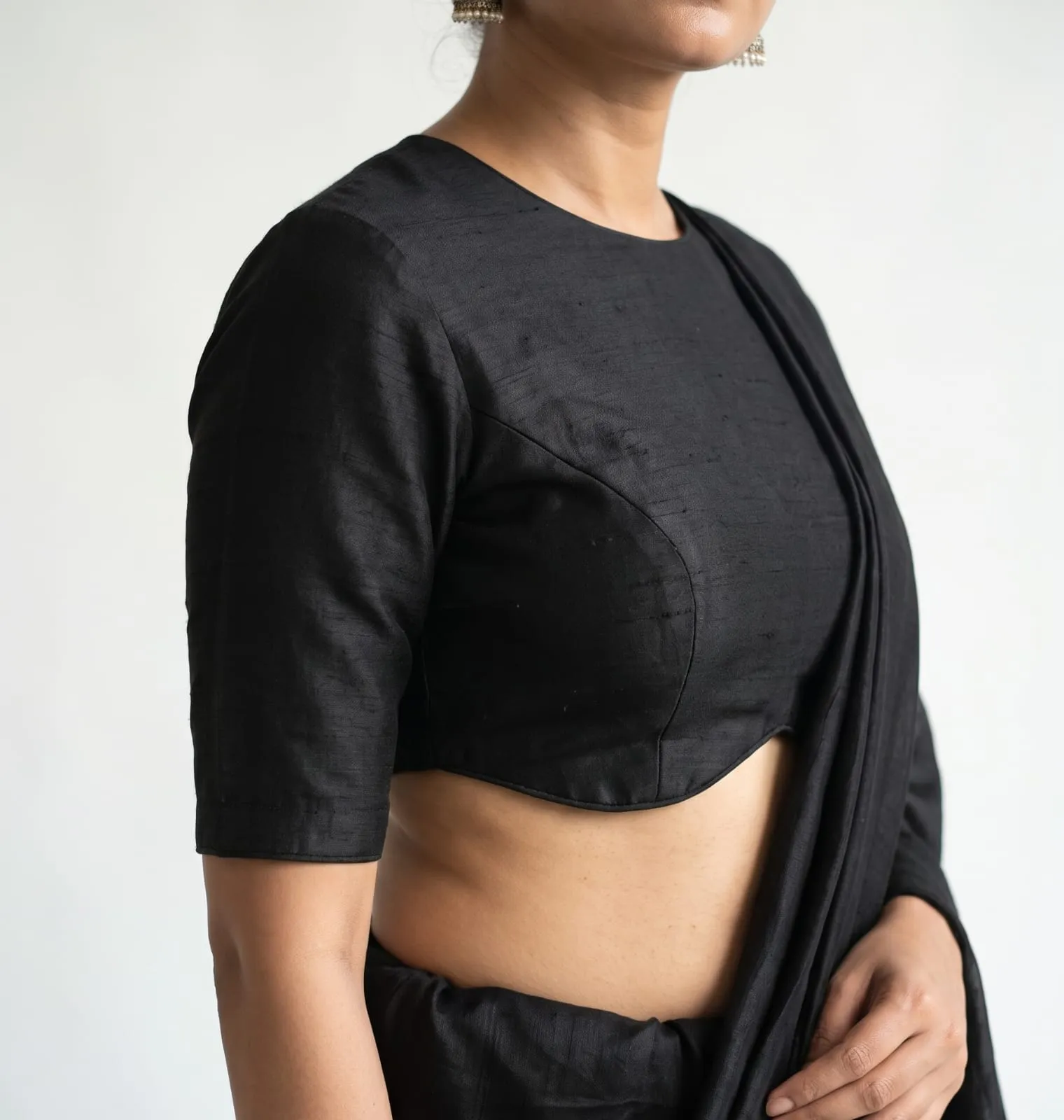 Black Raw Silk Readymade Blouse Boat Neck