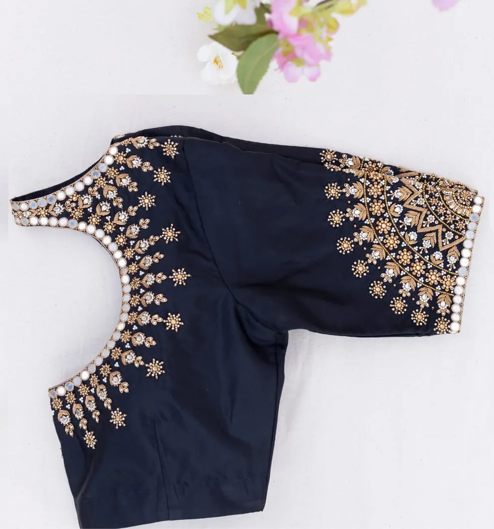 Black Raw Silk Round Cut-Out Back Maggam Work Blouse