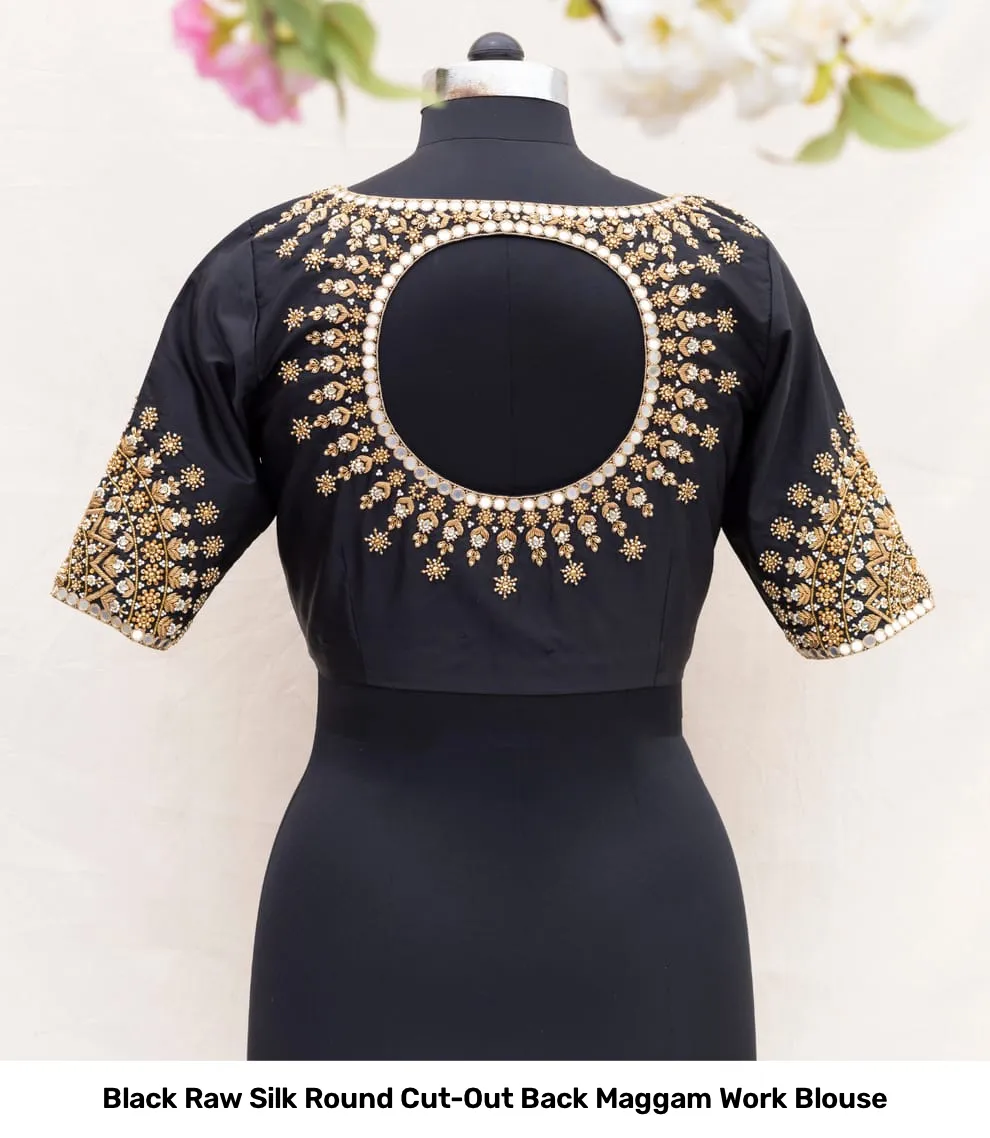Black Raw Silk Round Cut-Out Back Maggam Work Blouse 2