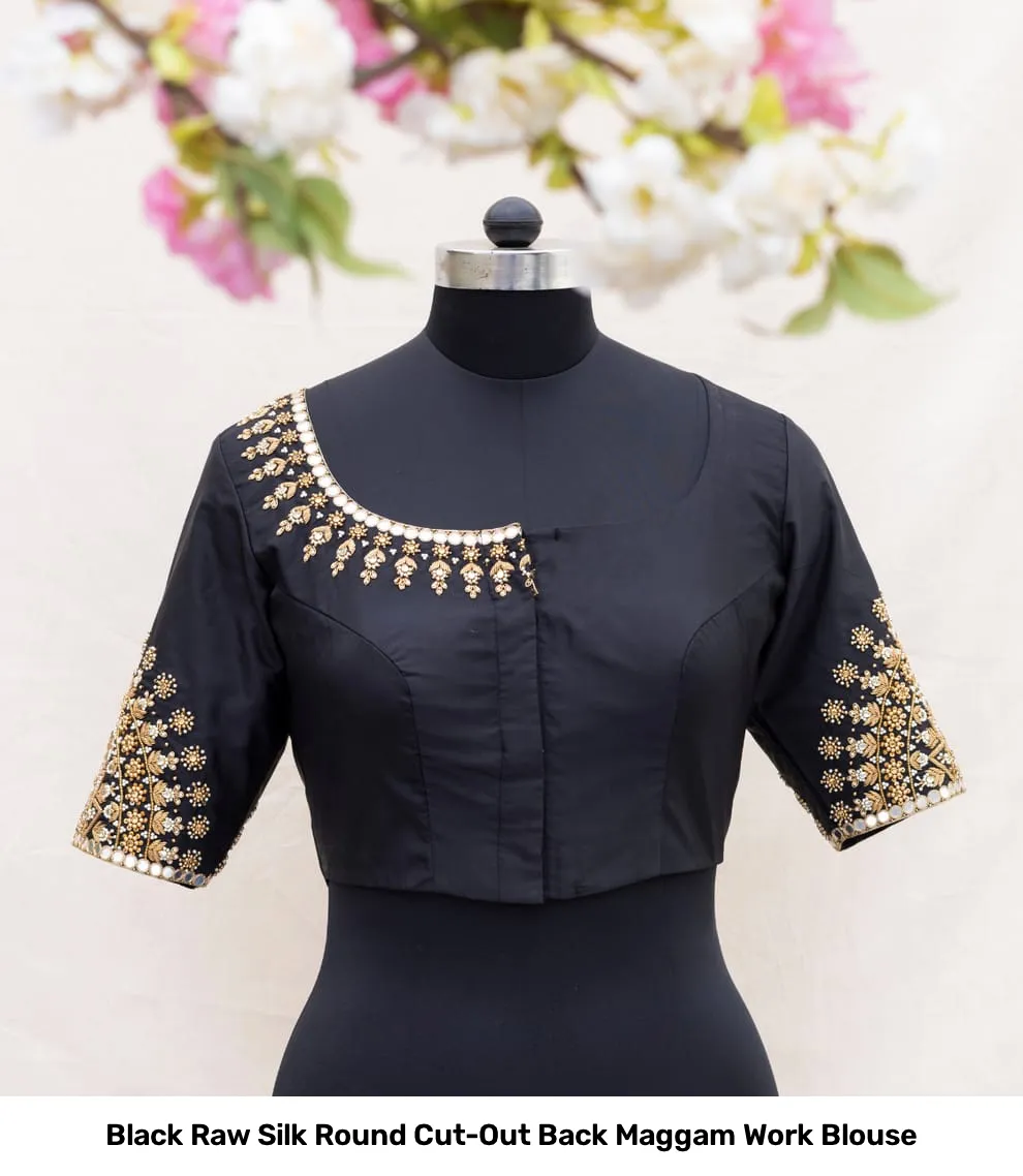 Black Raw Silk Round Cut-Out Back Maggam Work Blouse 3
