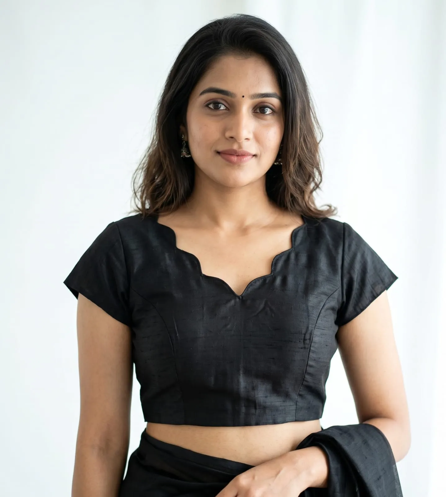 Black Scallop Neck Raw Silk Readymade Blouse
