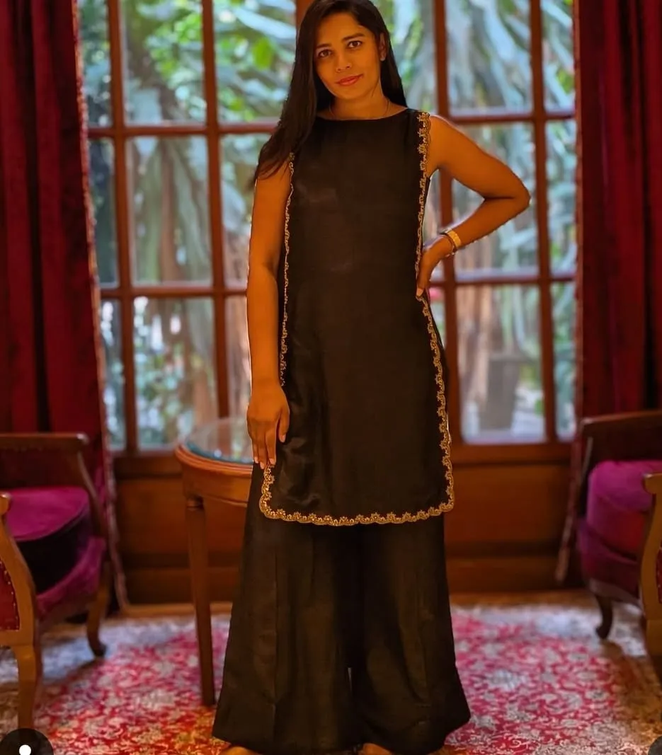 Black Silk Co-ord Set | Sleeveless Kurti with Gold Zardozi Scalloped Border & Palazzo Pants | Side Slit Kurta Set | Party & Festive Wear | Custom Stitched