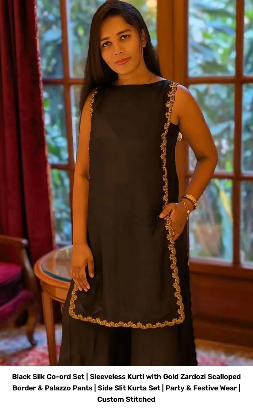 Black Silk Co-ord Set | Sleeveless Kurti with Gold Zardozi Scalloped Border & Palazzo Pants | Side Slit Kurta Set | Party & Festive Wear | Custom Stitched 2