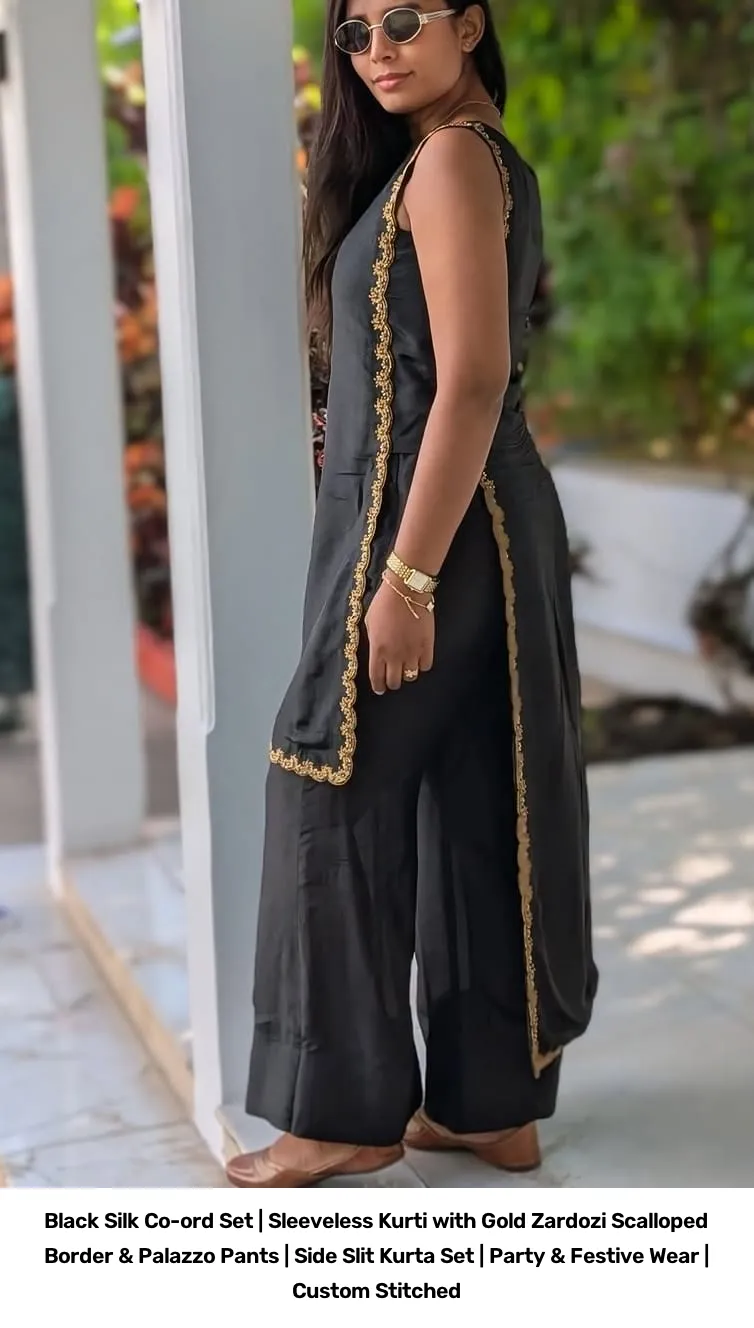 Black Silk Co-ord Set | Sleeveless Kurti with Gold Zardozi Scalloped Border & Palazzo Pants | Side Slit Kurta Set | Party & Festive Wear | Custom Stitched 4
