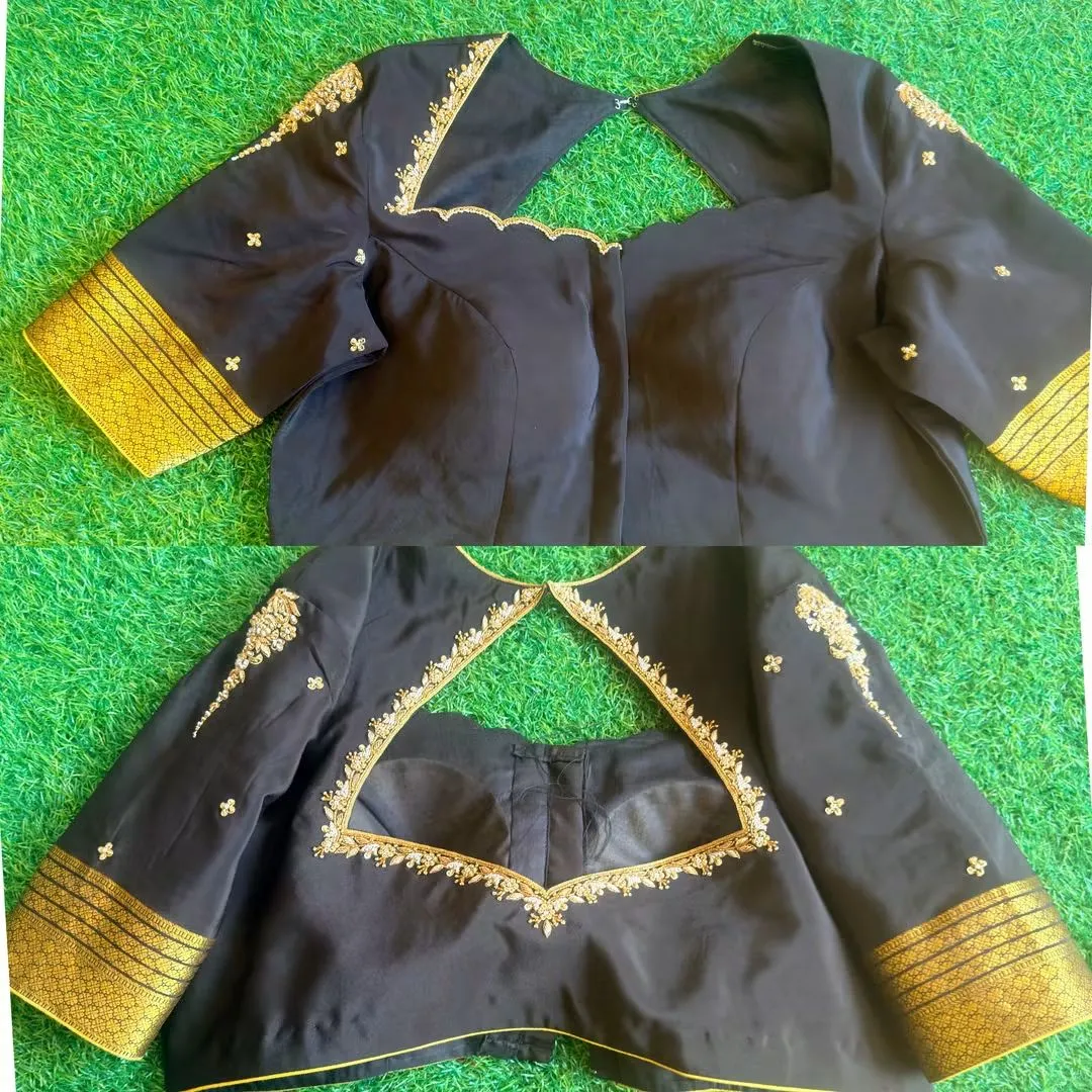 Black Silk Cutout Back Blouse with Gold Zari Border & Maggam Work