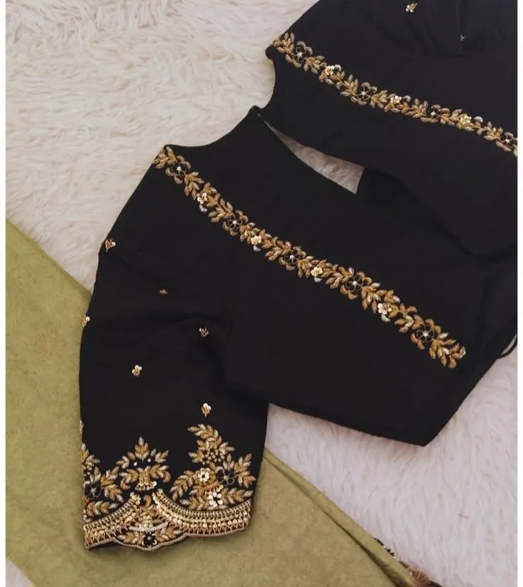 Black Silk Maggam Work Blouse Antique Gold Floral Zardozi