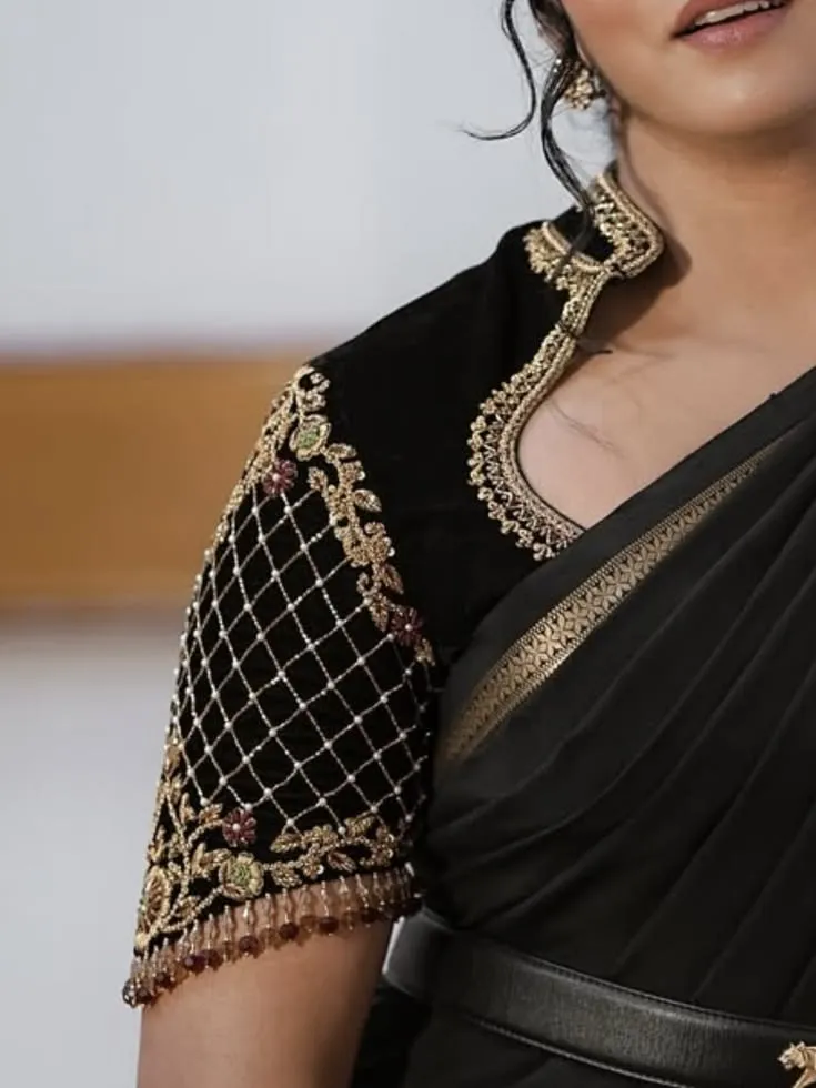 Black Velvet Collar Blouse Handcrafted Maggam Jaal Work