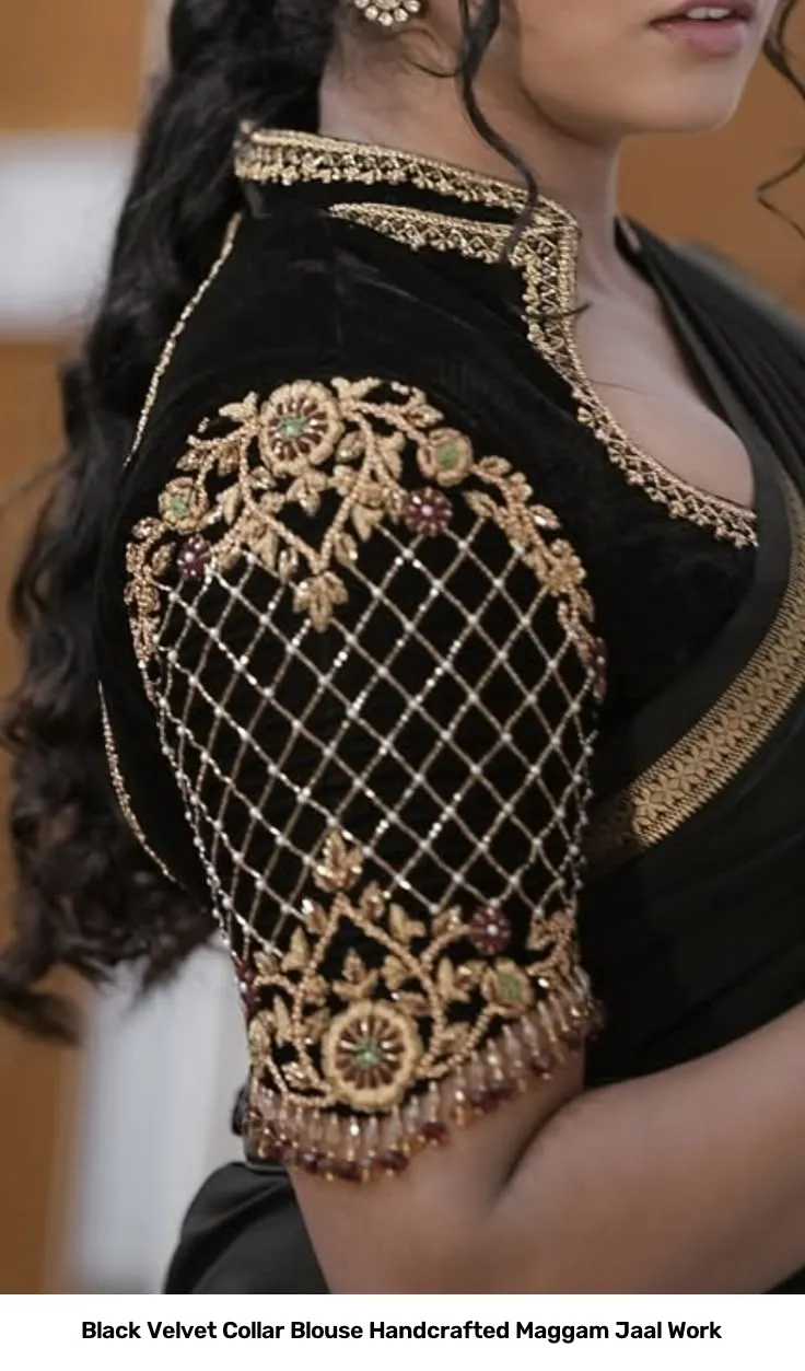 Black Velvet Collar Blouse Handcrafted Maggam Jaal Work 2