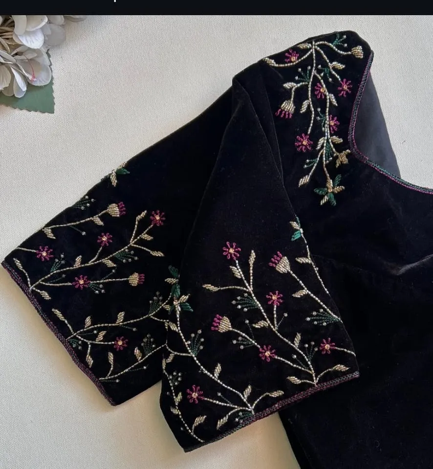 Black Velvet Readymade Blouse Wholesale | Floral Vine Zardozi Handwork Designer Cutout Back Saree Blouse