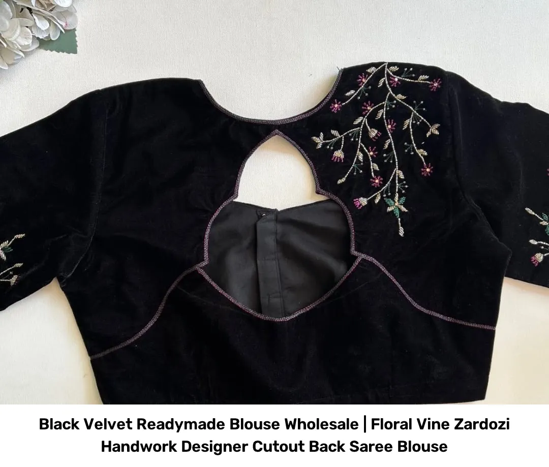 Black Velvet Readymade Blouse Wholesale | Floral Vine Zardozi Handwork Designer Cutout Back Saree Blouse 2