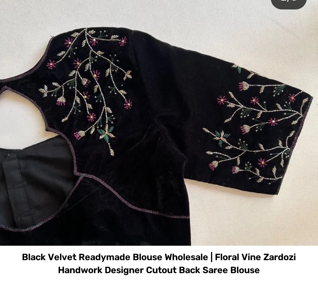 Black Velvet Readymade Blouse Wholesale | Floral Vine Zardozi Handwork Designer Cutout Back Saree Blouse 3