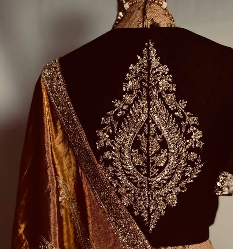 Black Velvet Readymade Blouse with Heavy Gold Zardozi Paisley Back | Wholesale Best Price
