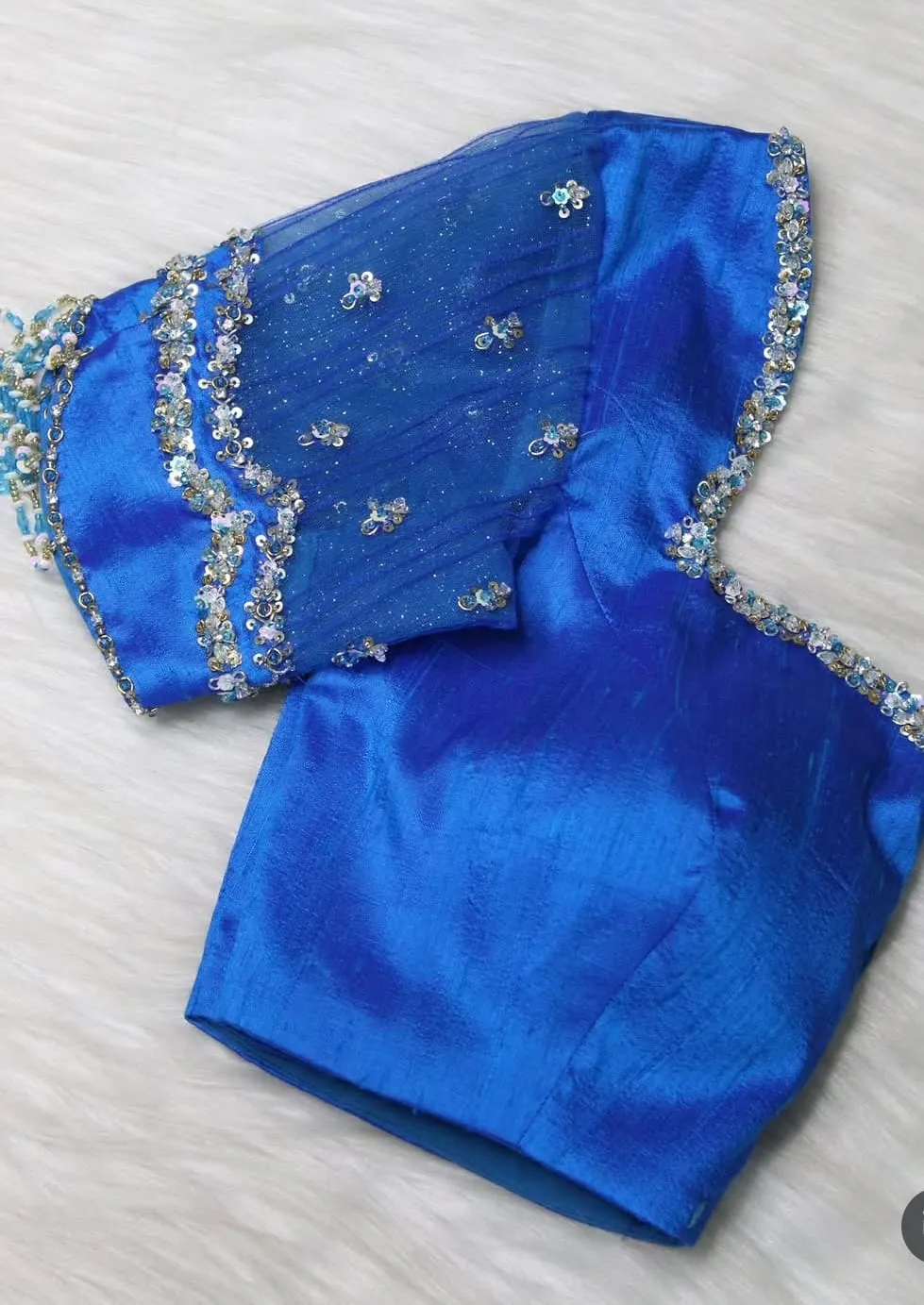 Blue Net Sleeves Handwork Blouse